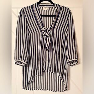 Pins and Needles Striped Tie Neck Blouse Size M Sheer Parisian Chic Top